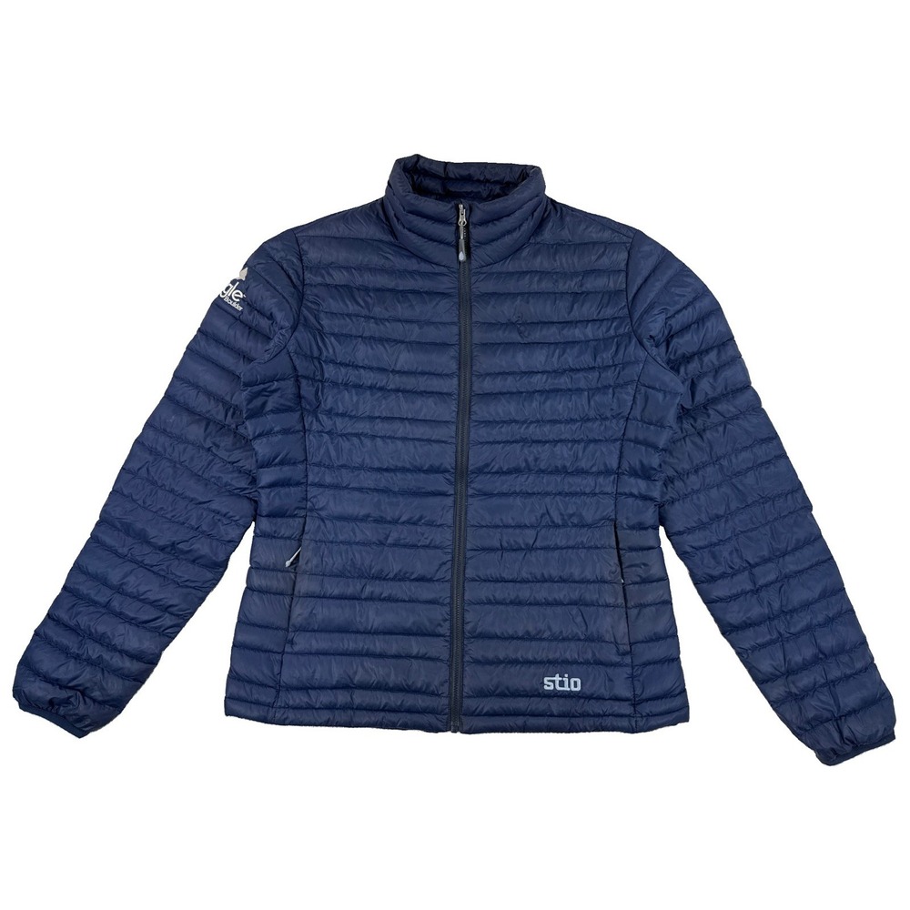 Stio Pinion Down Sweater Jacket Women's Medium Navy Blue Corp Logo